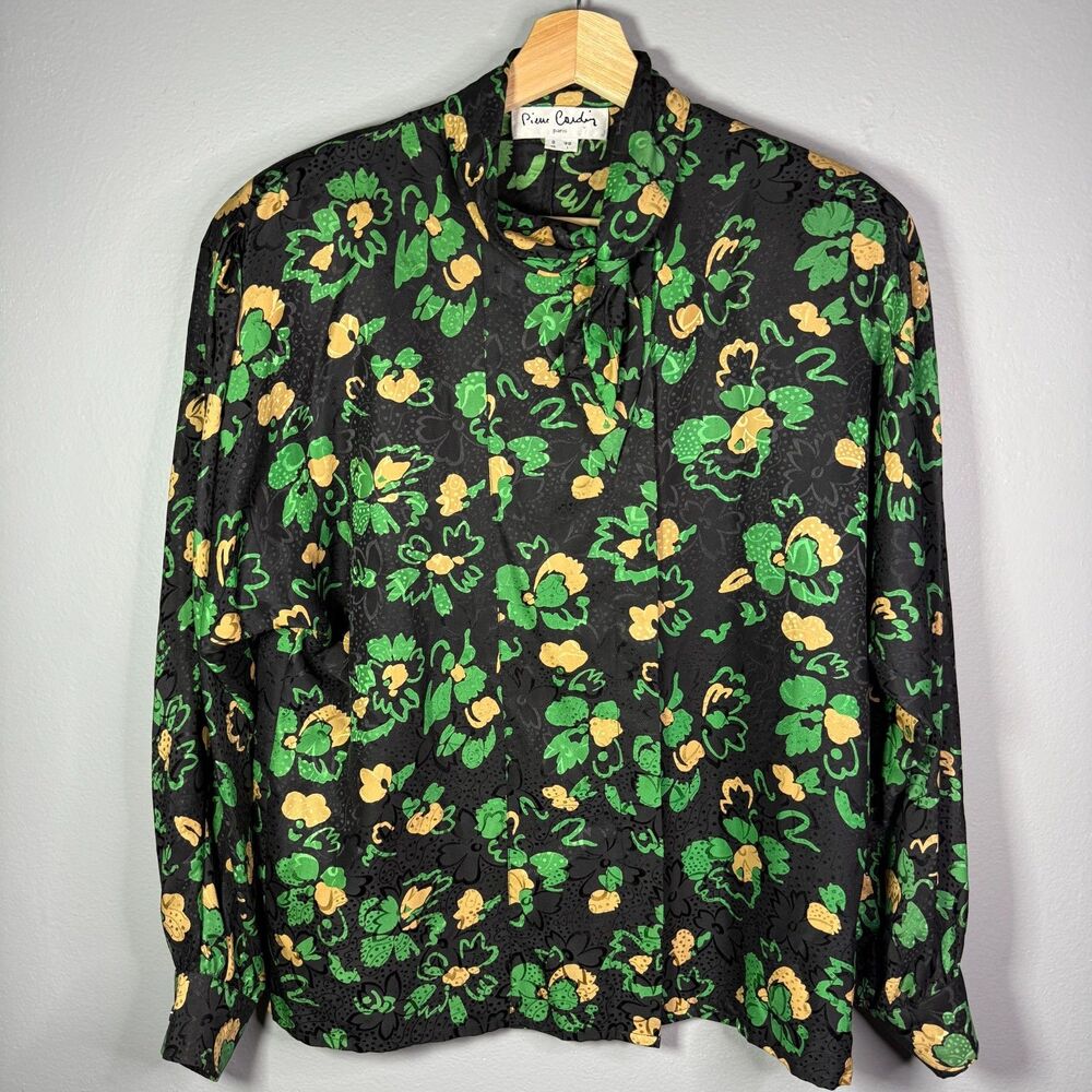 Vintage Pierre Cardin Paris 100% Silk Blouse Sz UK 8 Black Green Floral Tie Neck